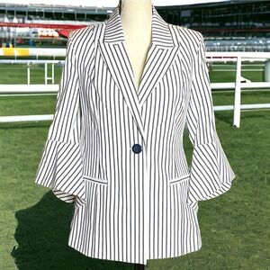 Cabi Women’s Blazer Jacket 3/4 Bell Sleeve Navy White Stripe Size 4 Horses Derby